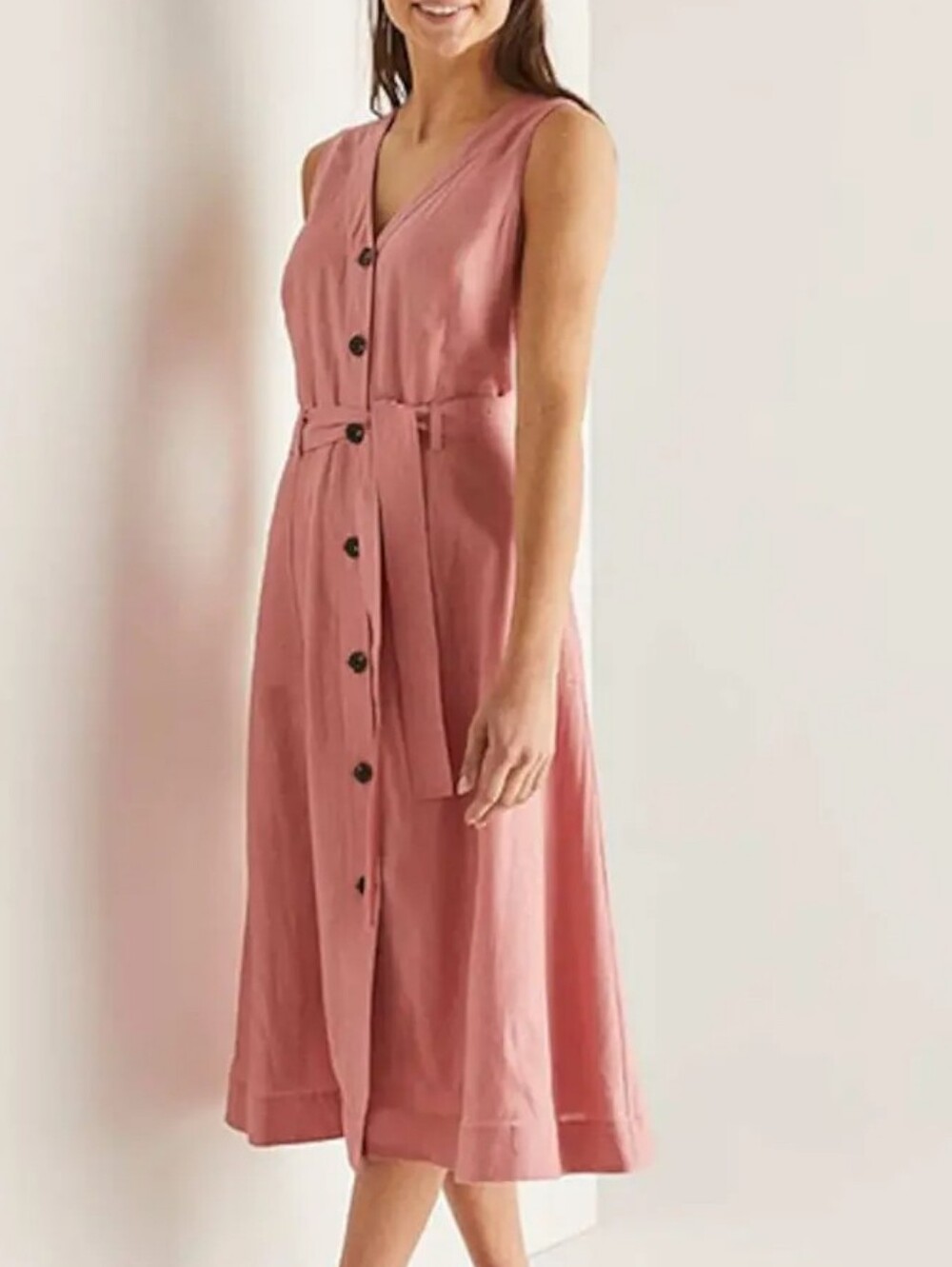 Linen Sleeveless Button-Front Pink Tie-Waist Dress Timeless Summer Vintage Vibes